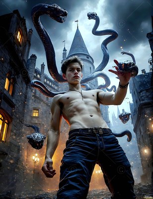Summoning black snakes, a bare-chested young guy stands in a dark stone courtyard