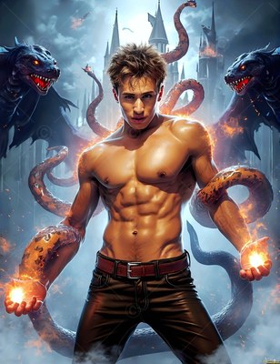 Facing forward outside a castle, a man with a bare chest holds fire beside winged serpents