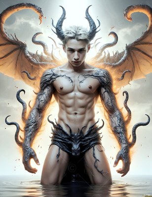 A winged horned man kneeling in shallow water with snake tentacles around him