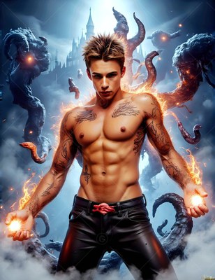 Chest tattoos mark a man with no shirt holding fire before a foggy castle with tentacles