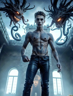 A bare-chested man stands between floating horned monsters under pale blue light