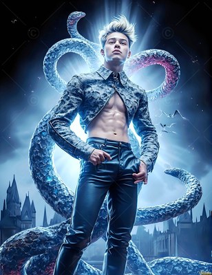 Above a castle, a blond man stands in leather pants before a coiled snake