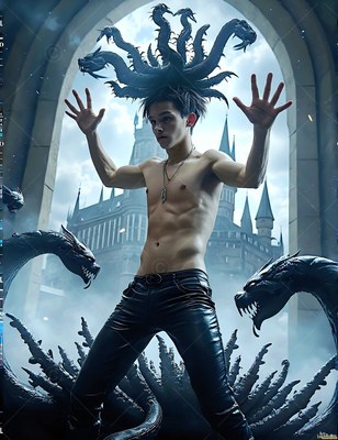 Raising both hands, a bare-chested young man conjures dark snakes by a castle archway