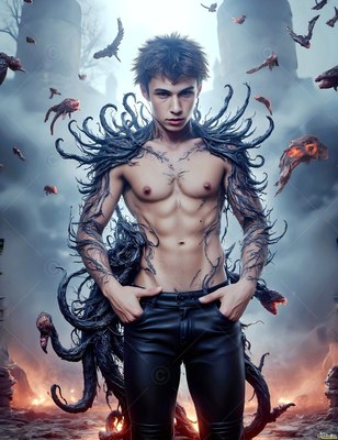 A bare-chested man stands as black tendrils twist from his body in pale foggy light