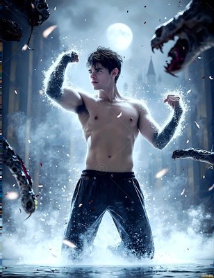 Kneeling in water outside a castle, a man with no shirt flexes his dark arms
