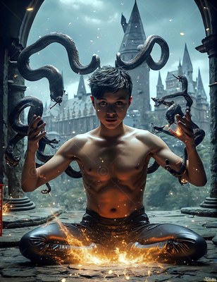 On a stone castle terrace, a young man with no shirt sits cross-legged with dark snakes around him