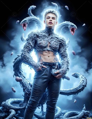 Standing in blue mist, a young man covered in stony vines summons gray snakes