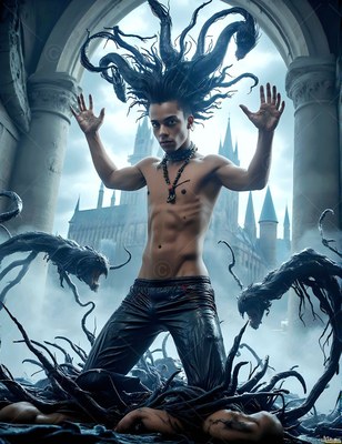 A man with no shirt kneels outside with black snakes for hair