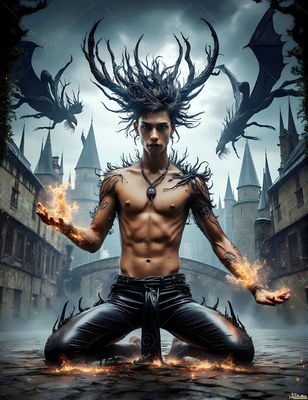 Wearing black pants in a dim castle courtyard, a shirtless man kneels with flames in his hands