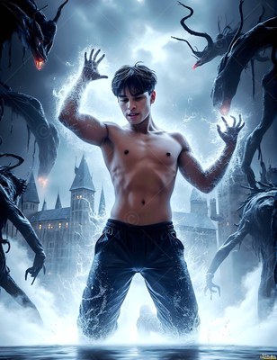 A man with a bare chest kneels in water raising hands under bright white lightning