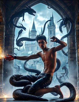 A bare-chested man kneels in a stone archway with black serpents swirling around him
