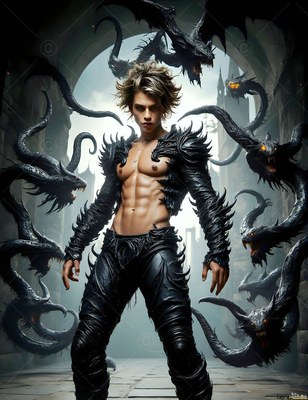 A shirtless man in spiked black armor stands among flying horned serpents