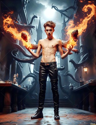 Wearing black leather pants in a dark castle hall, a man with a bare chest holds snakes made of fire