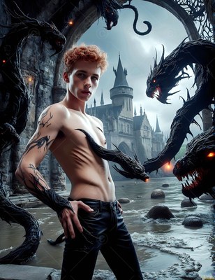Standing shirtless by a castle lake, a young man poses with black serpents
