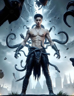 A bare-chested young man in black pants stands as dark serpents swirl around him
