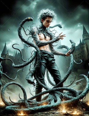 Outside a castle, a man with no shirt stands wrapped in dark twisting serpents