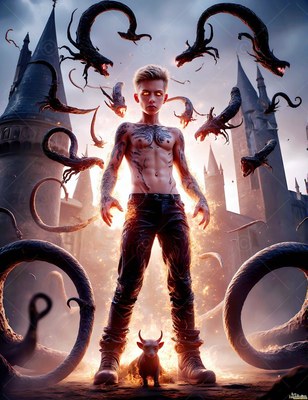 Bare-chested man stands with flying dark snakes outside a castle