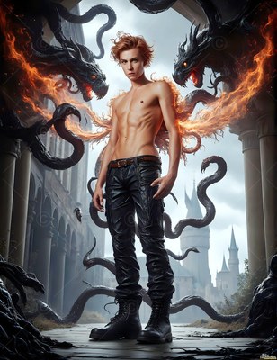 A shirtless young man stands as fiery serpents swirl around him in orange light