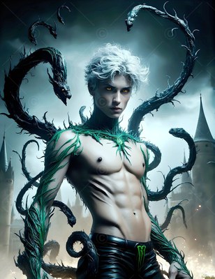 A shirtless man with white hair stands near dark serpents outside a castle