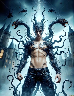 Outside a castle, a shirtless horned man stands surrounded by black snakes