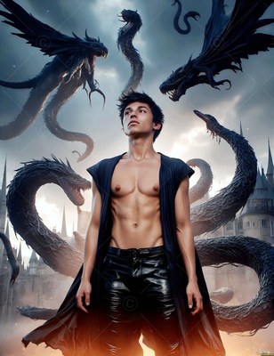 A young man with no shirt stands as black winged serpents swirl under pale sky