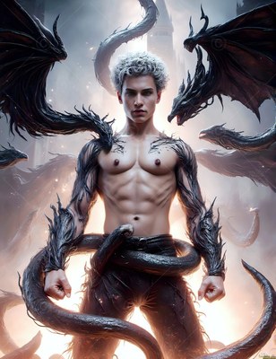 Standing shirtless outside a castle, a man is surrounded by black winged snakes