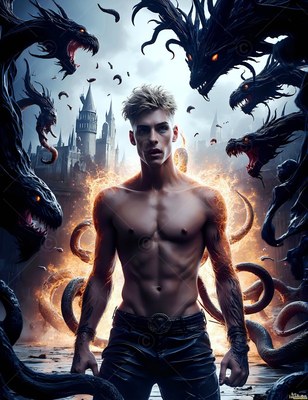 A shirtless blond man in leather pants stands surrounded by fire and black serpents