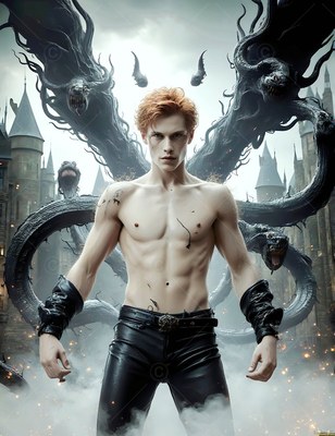 Outside a castle, a bare-chested man stands before a multi-headed black serpent