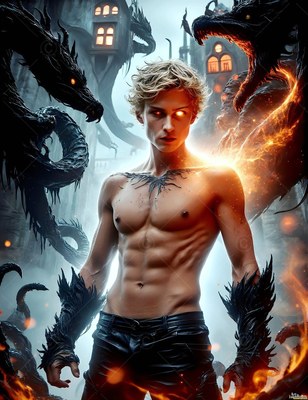 Standing shirtless by stone towers, a blond man summons fiery black serpents