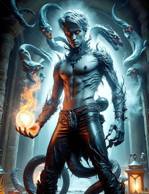 Standing straight in a stone hall, a bare-chested man holds a fire ball near snakes