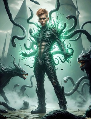 A young man with red hair stands in a green suit with black snakes rising around him