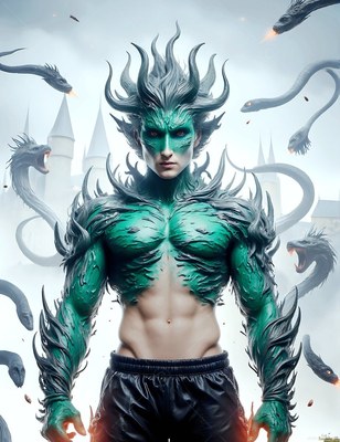 Before a misty castle, a man with green scales stands among flying gray snakes