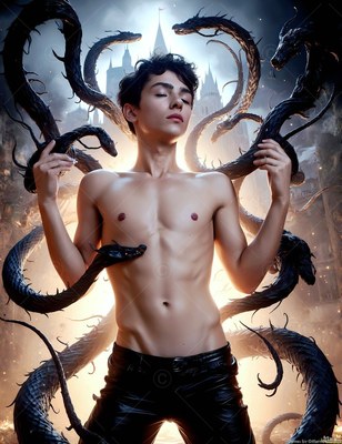 Bare-chested in black pants, a young man raises his hands as black snakes coil around him by a castle tower
