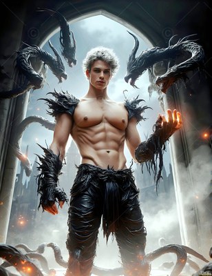 A bare-chested man stands surrounded by black snakes as warm orange sparks float around him