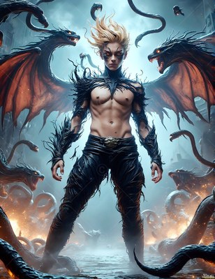 Standing straight in a foggy yard, a man with no shirt with wings is ringed by winged snakes