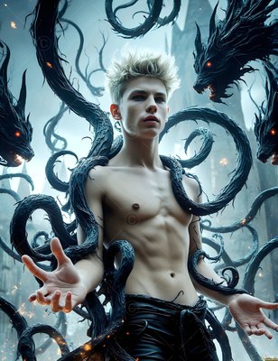 In a castle courtyard, a man with no shirt stands surrounded by black demon snakes