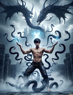 A bare-chested man in dark pants raises his arms as black serpents float outside a castle