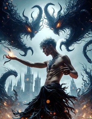 A bare-chested man summons dark horned serpents above a castle in cold blue light