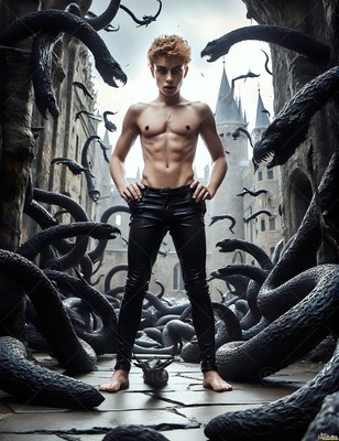 Bare-chested man in black pants standing among black serpents outdoors
