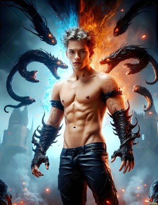 Wearing spiky black gauntlets, a bare-chested young man summons dark snakes outside a foggy castle