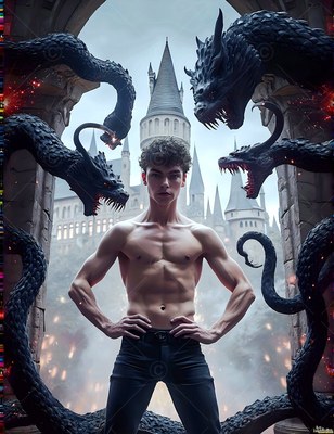 A man with no shirt poses outside a castle as black horned snakes twist under a pale sky