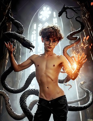 A young shirtless man in glasses casts sparks as black snakes rise around him