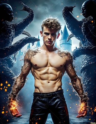 Outside a castle, a shirtless blond man stands flanked by black snake demons