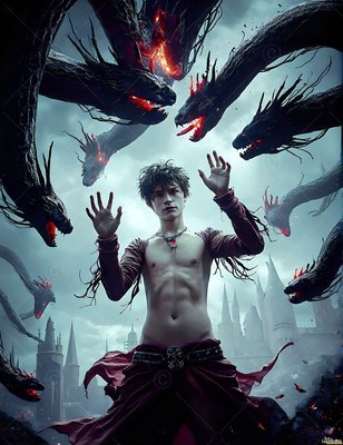 A bare-chested man raises his hands as black dragons circle above him