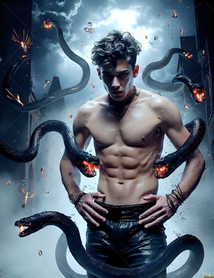 Wearing black leather pants, a man with no shirt stands in a dark courtyard surrounded by floating black snakes