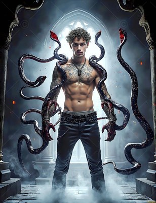 A shirtless man stands in a stone hall with black snakes curling around his arms