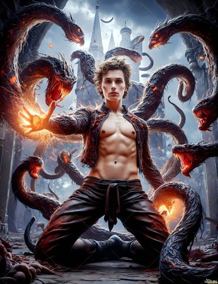 A bare-chested man kneels outside a castle with dark snakes circling him