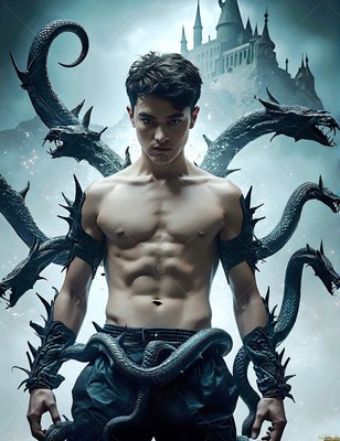 Bare-chested with spiked armbands, a young man summons black horned serpents near a castle hill