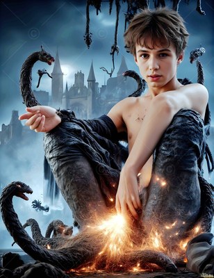 Seated outside a dark castle, a bare-chested young guy grasps sparks near curling snakes