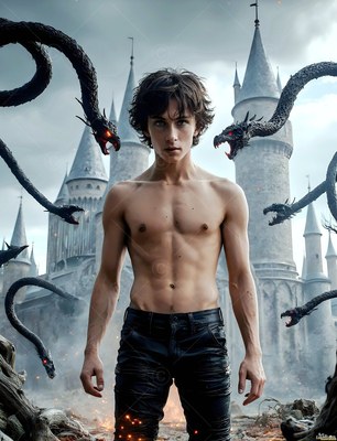 A bare-chested young man stands surrounded by dark serpents under gray castle towers